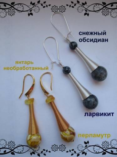 Серьги с ларвикитом и снежным обсидианом.