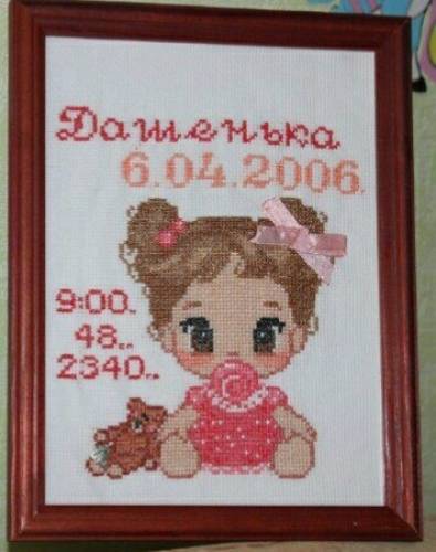 Вышиваю имя, дата рождения малыша,его вес при рождении и рост!